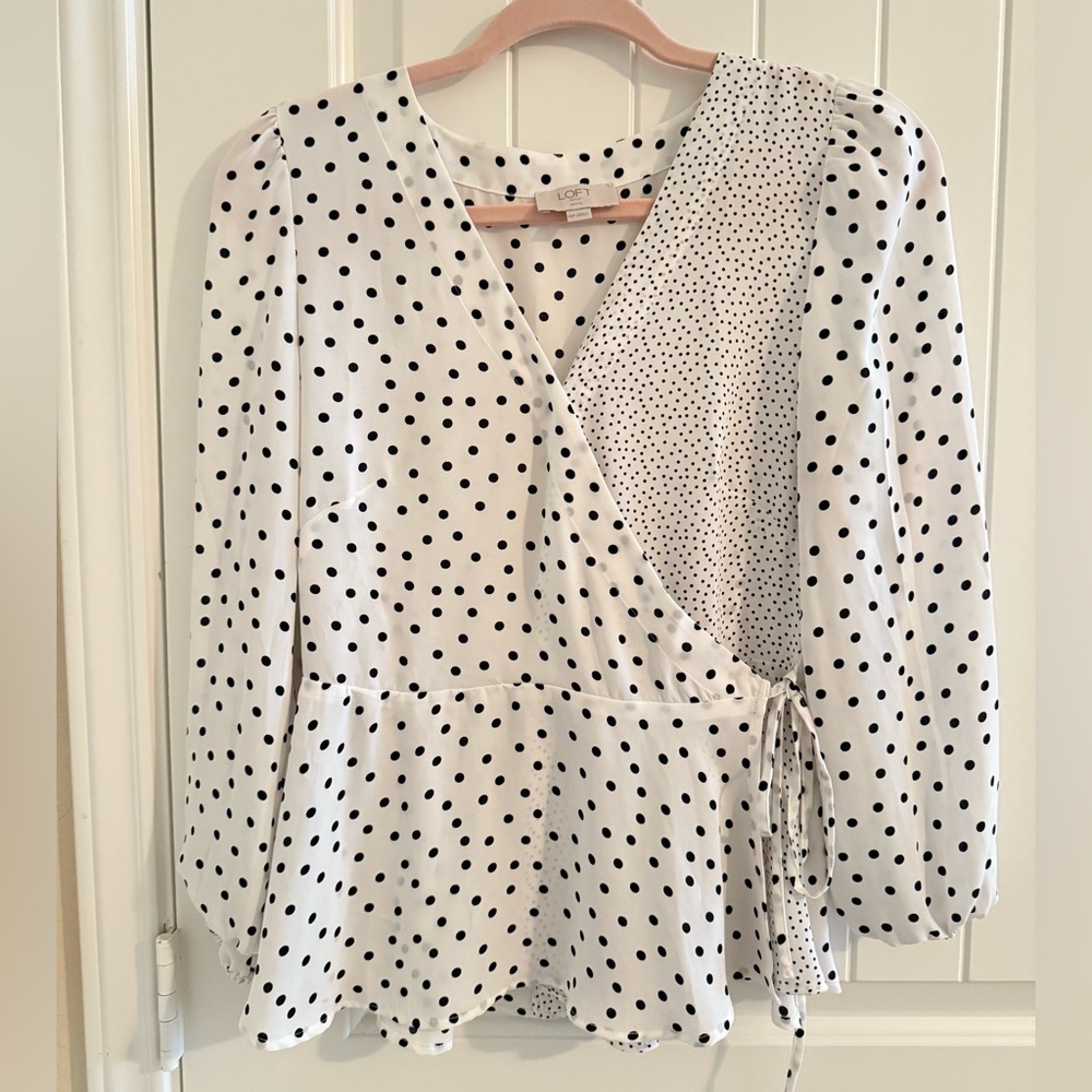 LOFT Black and White Wrap Blouse with Three-Quarter Sleeves